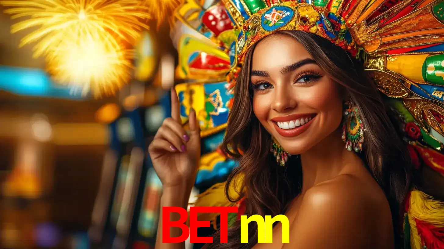 Mulher sorridente com um cocar de carnaval vibrante e colorido, celebrando uma grande vitória nos jogos do cassino betnn com fogos de artifício ao fundo.