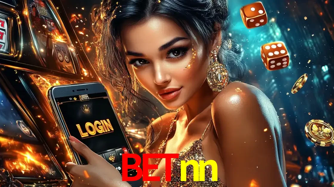 Mulher glamourosa segurando um celular com a tela de login do cassino betnn, rodeada por dados e moedas douradas, pronta para começar a diversão.