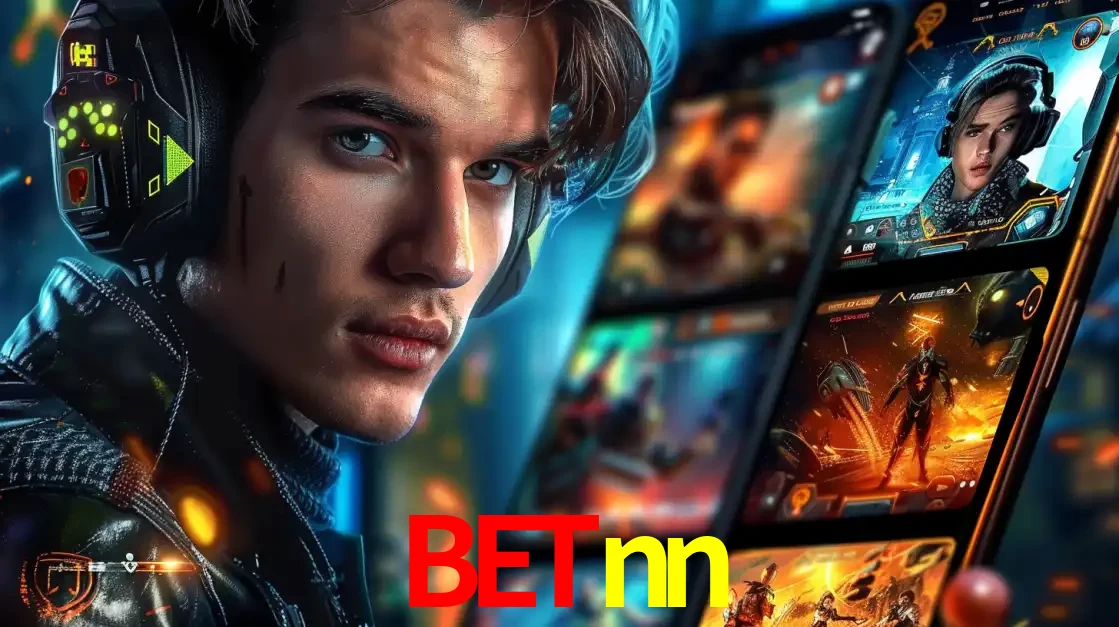 Jovem jogador com fones de ouvido olhando para a câmera, com um aplicativo de jogos e e-sports para celular ao fundo, pronto para a competição e apostas no betnn.