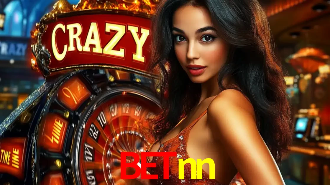 Mulher glamourosa olhando para a câmera com a roda vermelha do Crazy Time ao fundo em um ambiente de cassino, destacando a emoção dos jogos ao vivo no betnn.