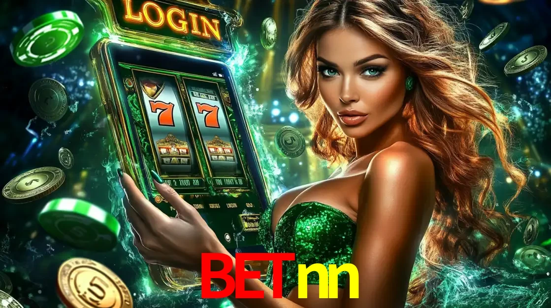 Mulher com tema verde apresentando o aplicativo do cassino betnn com um jogo de slot de 777, cercada por fichas de cassino e uma aura de sorte.