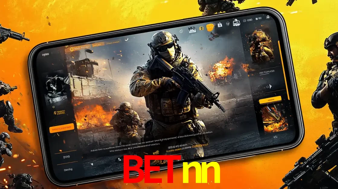 Um smartphone exibindo a interface de um jogo de tiro em primeira pessoa, com um soldado em um cenário de batalha, representando a ação dos e-sports para apostar no betnn.