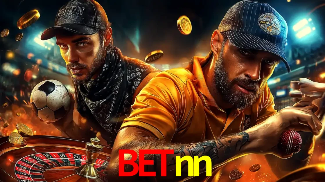 Montagem de apostas esportivas e cassino no betnn, com um homem segurando uma bola de futebol e outro uma de beisebol sobre uma roleta e moedas voadoras.