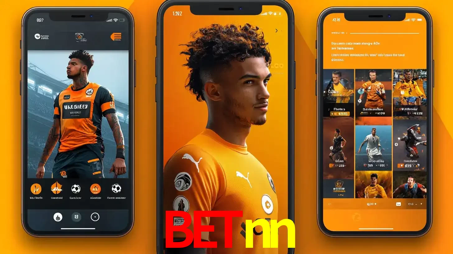 Interface do aplicativo de apostas esportivas betnn em três telas de celular, mostrando o perfil de um jogador de futebol e a lista de jogos disponíveis para apostar.