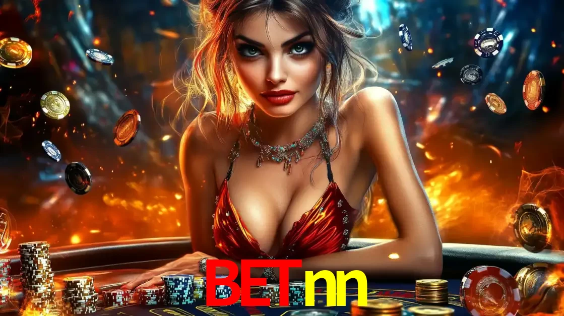 Mulher em uma mesa de cassino com pilhas de fichas e um fundo de fogo, pronta para uma rodada de altas apostas nos jogos de mesa emocionantes do cassino betnn.