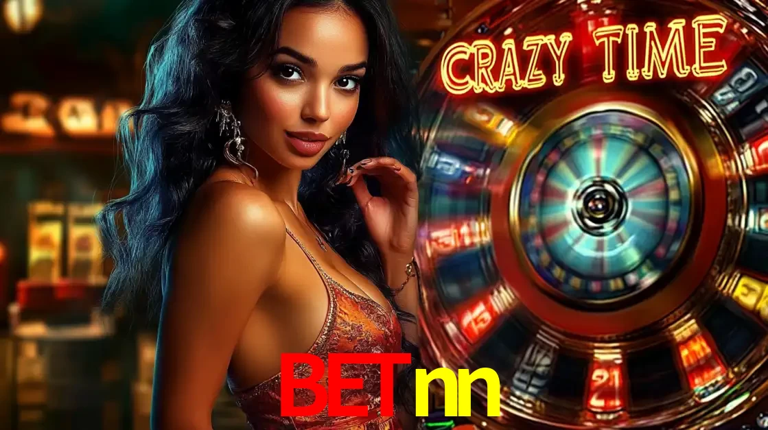 Mulher elegante ao lado da vibrante roda da fortuna do jogo de cassino ao vivo Crazy Time, um dos game shows mais populares e cheios de prêmios do betnn.