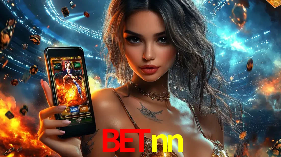 Mulher segurando um celular com um jogo de slot em destaque, tendo como fundo um estádio vibrante, simbolizando a emoção de jogar no cassino móvel betnn.