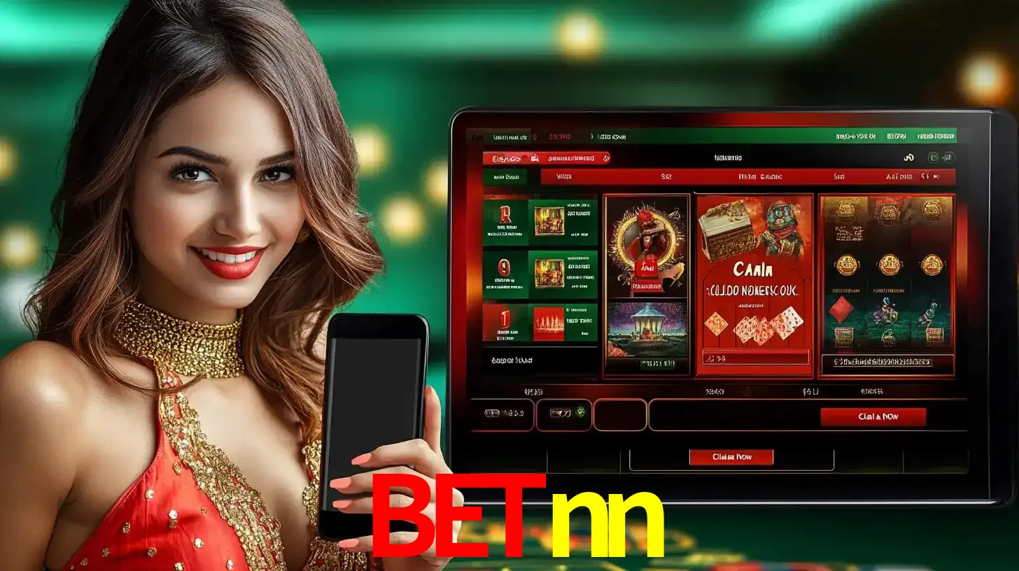 Mulher sorridente segurando um smartphone, ao lado de uma tela exibindo o lobby de jogos do cassino online betnn, com várias opções de jogos de cartas e slots.